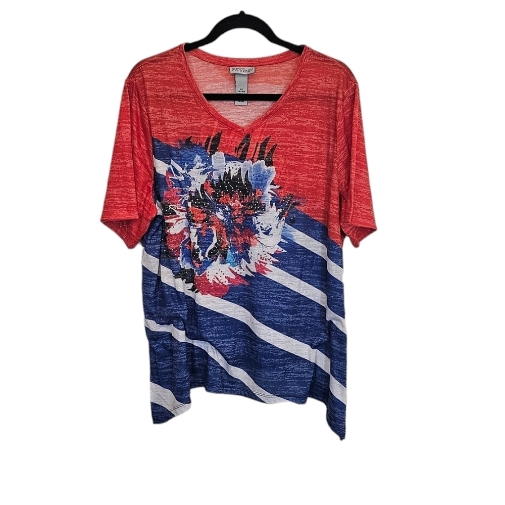 Catherines 0X Floral Beaded Red Blue Diagonal Stripe Short Sleeve Tee Semi Sheer